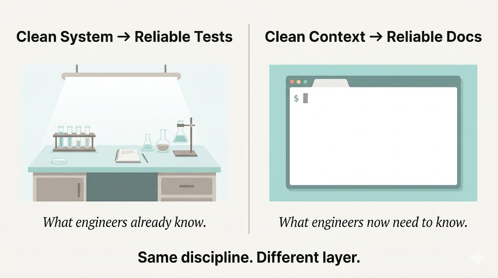 A side-by-side parallel infographic. Left half, headed "Clean System → Reliable Tests": a stylised clean laboratory bench with test tubes and glassware, sub-captioned "What engineers already know." Right half, headed "Clean Context → Reliable Docs": a fresh, empty terminal window with a single "$" prompt and no prior text, sub-captioned "What engineers now need to know." Bottom caption spanning both halves reads "Same discipline. Different layer."