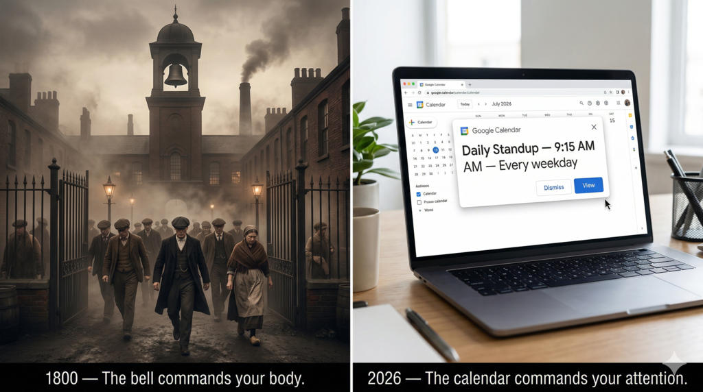 Split image. Left panel: a Victorian factory with a large bell tower, workers streaming through gates at dawn. Right panel: a laptop screen with a Google Calendar notification reading Daily Standup 9:15 AM Every weekday. Both panels share the same underlying structure: a fixed signal demanding synchronous presence at someone else's cadence.