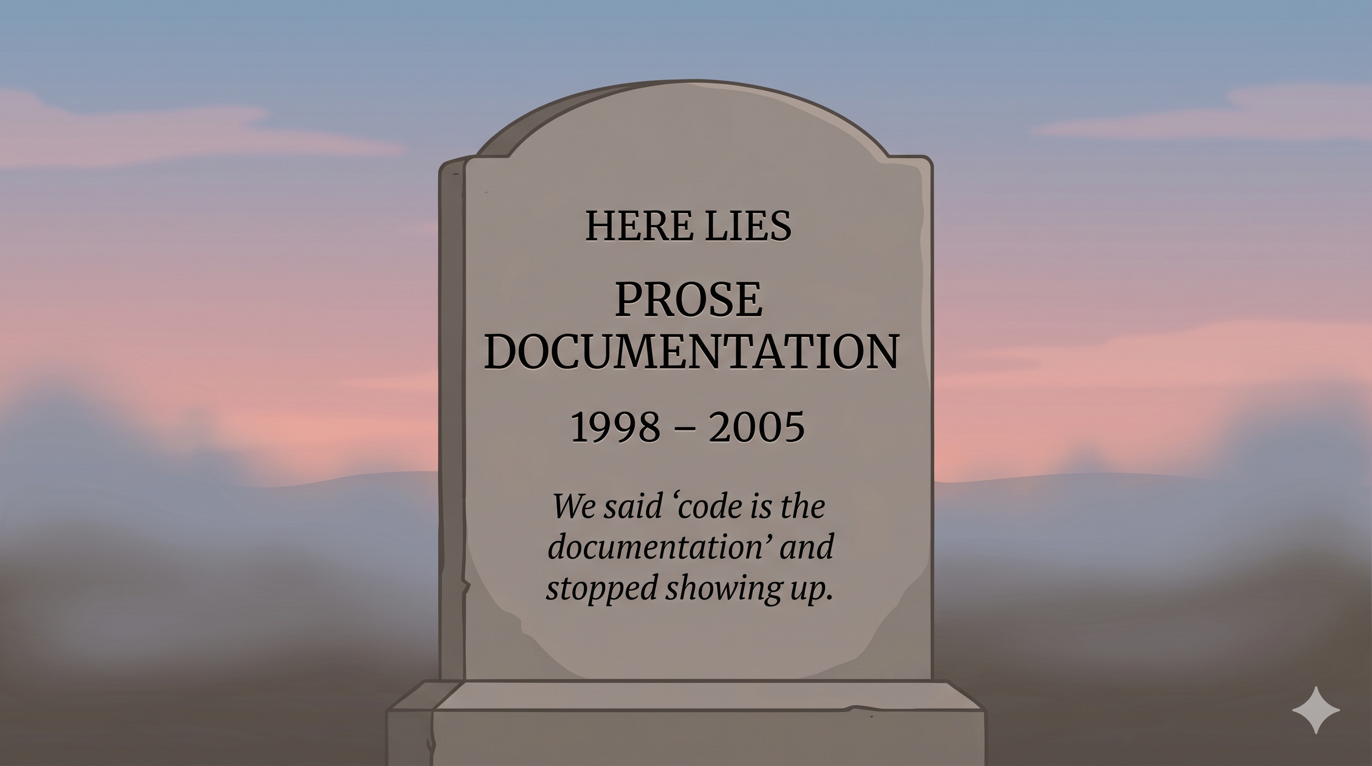 A stylised tombstone standing in a quiet twilight cemetery with a muted dusk sky behind it. The inscription reads: "HERE LIES PROSE DOCUMENTATION 1998 – 2005" and below, in italics: "We said 'code is the documentation' and stopped showing up."