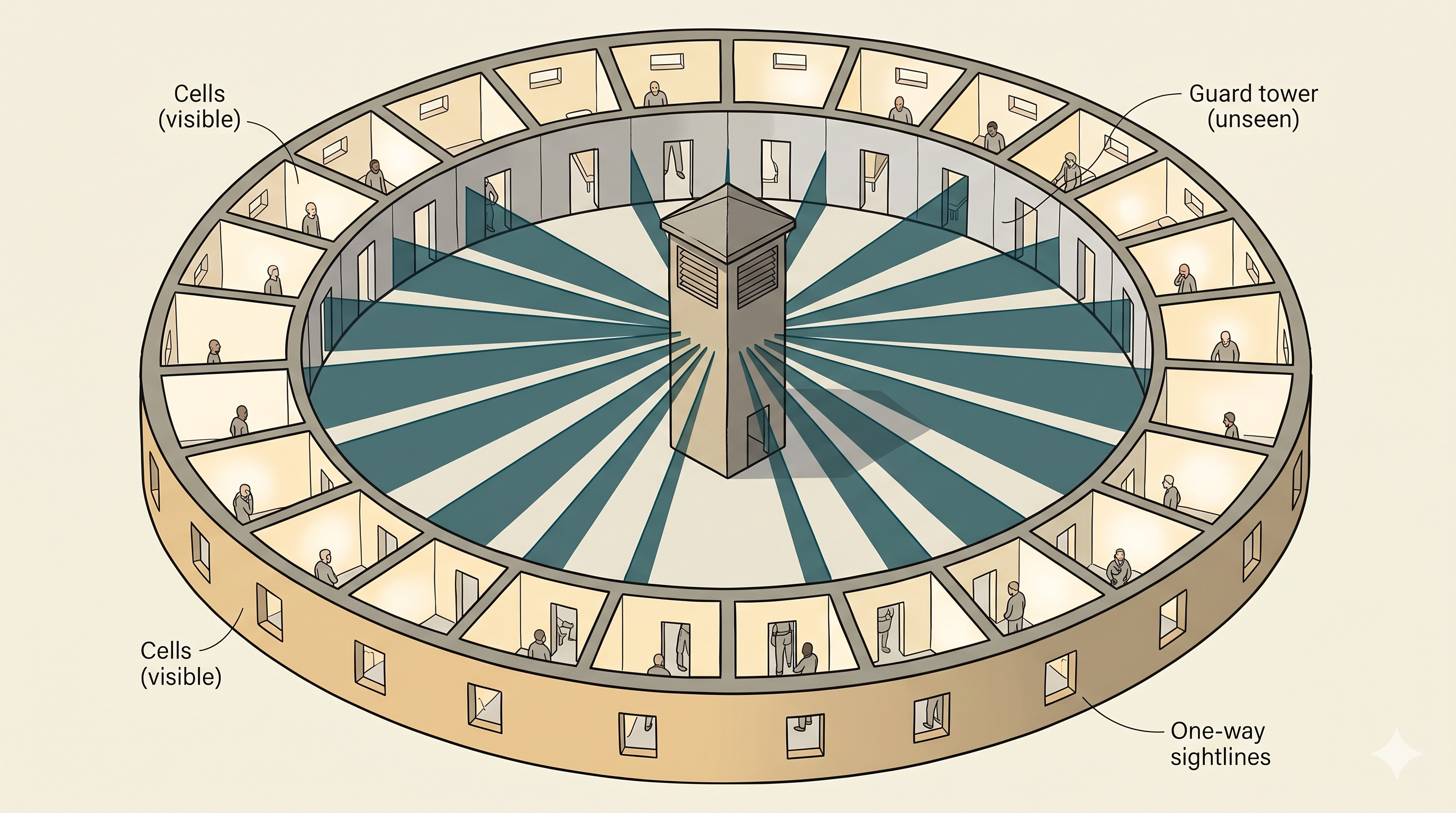 A 3/4 illustrated diagram of Jeremy Bentham's 1791 Panopticon prison: a circular building with cells around the perimeter, each cell visible from a single dark central guard tower. Faint teal sight-lines radiate from the tower outward to every cell, depicting one-way visibility. Labels read "Cells (visible)", "Guard tower (unseen)", and "One-way sightlines". Muted warm-sand and cream palette.