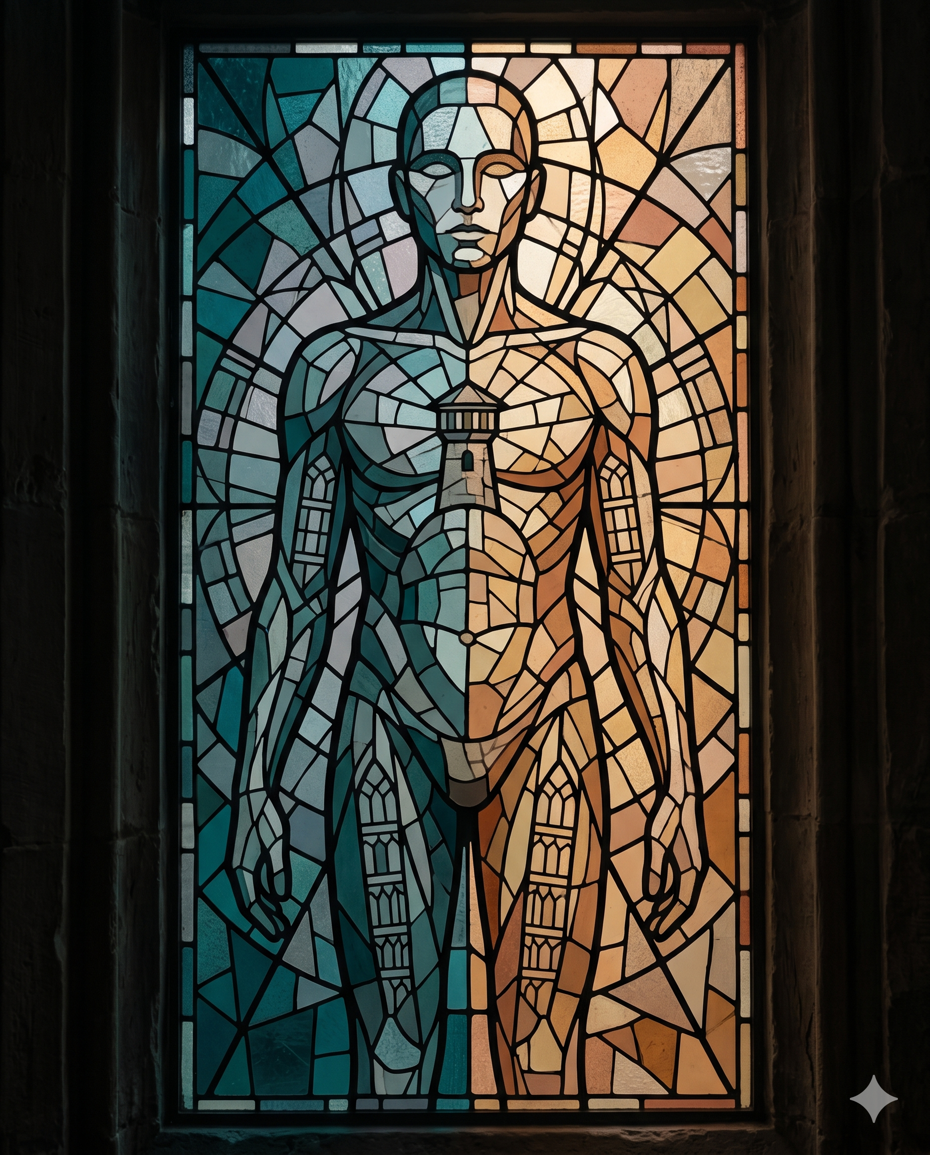 A cathedral stained glass mosaic portrait of a single human figure standing frontally, divided vertically by colour temperature: the left half rendered in cool teals, slate blues and soft greys; the right half in warm ambers, terracottas and golds. Lead lines flow across the body, fragmenting it without breaking it. A small panopticon tower shape is visible in the centre of the chest, and faint cell-window patterns appear along the torso and limbs. The figure glows from a light source behind it, like a cathedral window at dusk. Contemplative, sacred, complex.