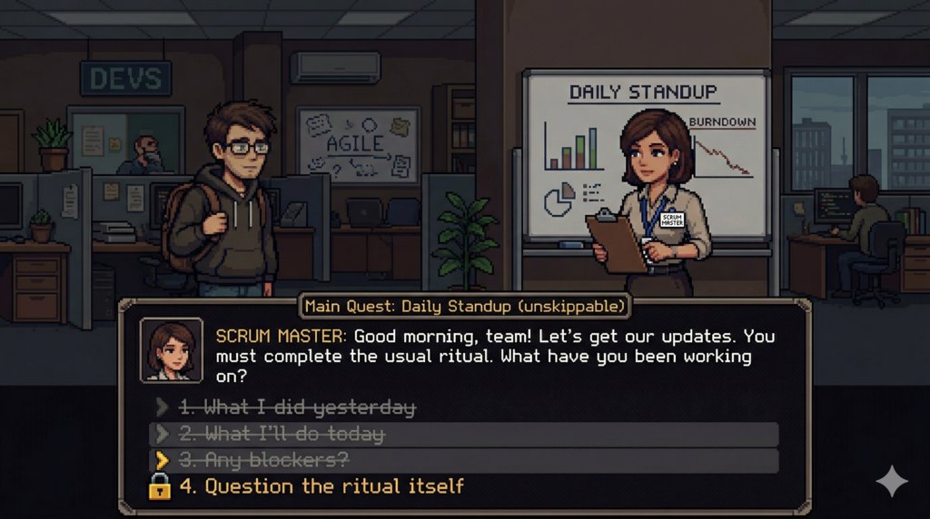 The RPG dialogue options meme: an engineer stands before a Scrum Master NPC with three dialogue options, all greyed out except the mandatory path. A fourth option at the bottom, locked, reads Question the ritual itself. Caption: Main quest Daily Standup unskippable.