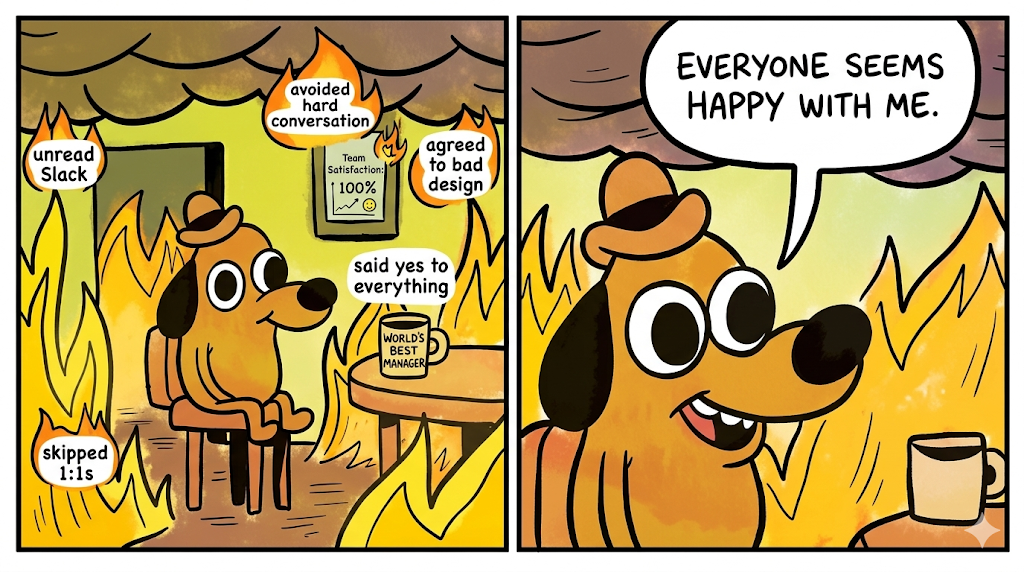 The This is Fine meme adapted for people-pleasing managers