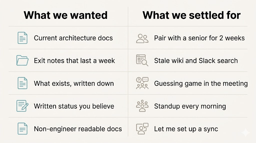 A two-column infographic headed "What we wanted" and "What we settled for". Five rows pair the ideal with the compromise: "Current architecture docs" vs "Pair with a senior for 2 weeks"; "Exit notes that last a week" vs "Stale wiki and Slack search"; "What exists, written down" vs "Guessing game in the meeting"; "Written status you believe" vs "Standup every morning"; "Non-engineer readable docs" vs "Let me set up a sync".